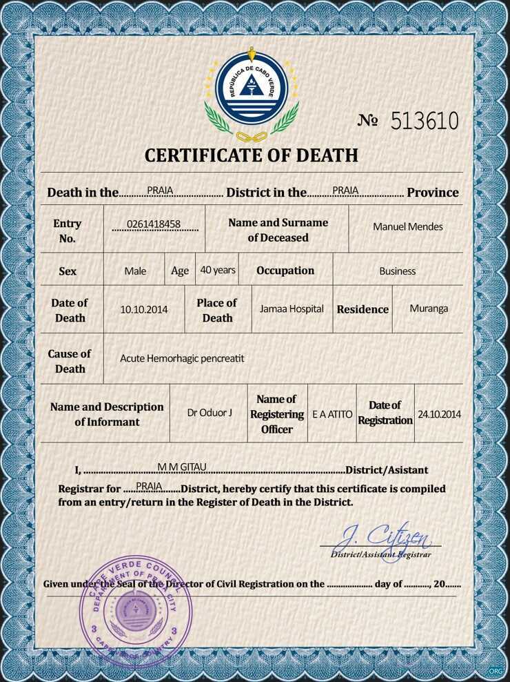 Download Cabo Verde death certificate PSD template Photoshop template